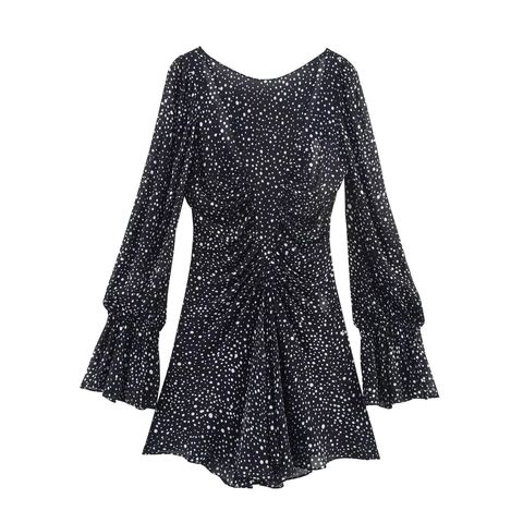 Damen Sexy Polka-Dot Langarm V-Ausschnitt Minikleid Gerafft Chiffon Rüschensaum Slim A-Linie Kurzes Kleid Streetwear