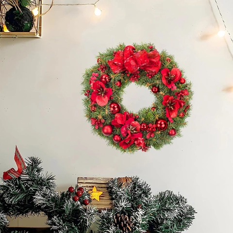 Kerstkrans Muursticker PVC Met Rode Bloemen En Strik Garland Voor Raam Deur Huis Vakantie Decoratie