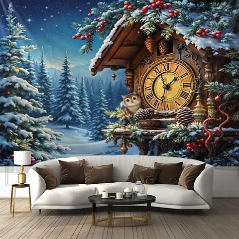 Christmas Tapestry Wall Hanging Polyester Backdrop Winter Snow Scene Cuckoo Clock Village Landscape Holiday Decor