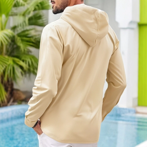 Men Hooded Henley Shirt Long Sleeve Breathable Polyester Fabric Casual Vacation Solid Color Fashion Top