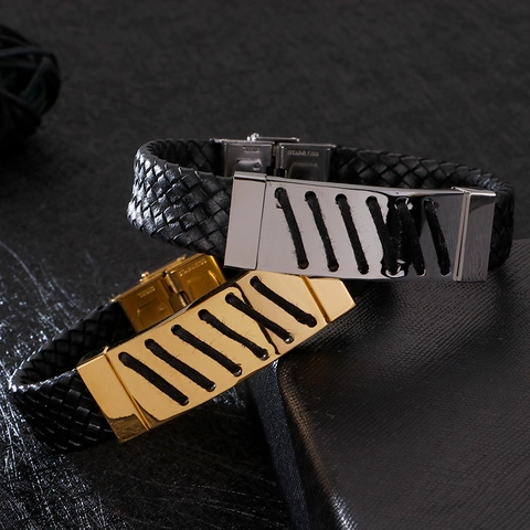 Pulsera De Cuero Trenzado Punk Con Placa Hueca De Acero Inoxidable Retro Gótico Personalidad Joyería Para Hombre