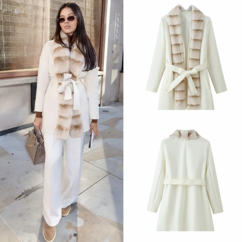 Elegante Abrigo De Lana Para Mujer Con Cuello De Piel Sintética Cinturón Largo Medio Ropa De Invierno Elegante Color Sólido