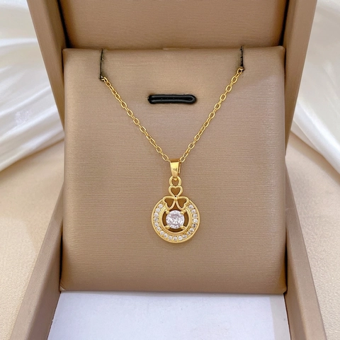 Zirkoon Ronde Halo Hanger Ketting Vergulde Roestvrijstalen Ketting Koperen Klaver Elegante Sieraden Voor Dames
