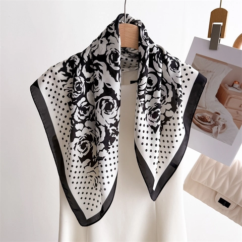 Elegant Square Scarf Rose Floral Polka Dot Print Polyester Satin Neck Wrap For Women Vintage French Style Accessory