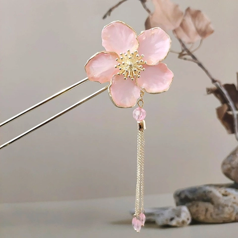 Pic À Cheveux Style Chinois Vintage Fleur De Pêcher Rose Gland Alliage Résine Épingle À Cheveux Rétro Hanfu Pour Femmes