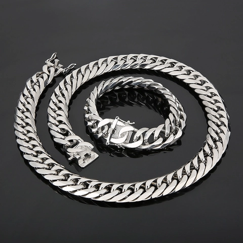 Collar De Cadena Cubana Pesada Hombre Hip Hop Acero Inoxidable Pulido Color Plata Joyería Streetwear Punk Cierre De Caja