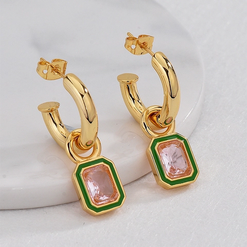 Boucles D'oreilles Pendantes Octogonales Vintage Cuivre Plaqué Or Zircon Rose Émail Vert Avec Tige En Argent 925