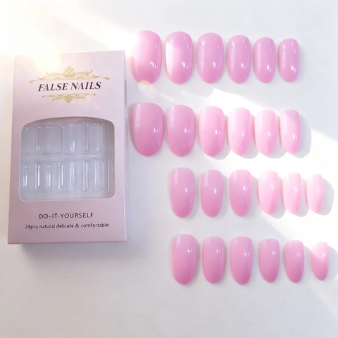 Press On Nails Oval Medium Long Glossy Solid Color ABS Plastic DIY Manicure For Women Girls Sweet Pink