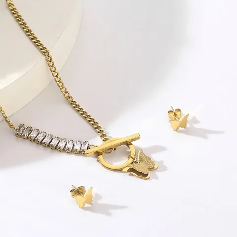 Collezione Gioielli Con Collana E Orecchini A Farfalla In Acciaio Inossidabile Placcato Oro E Zircone Per Donna
