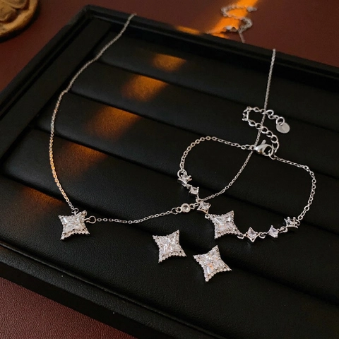 Collana Bracciale Orecchini Stella A Quattro Punte Rame Zircone Elegante Per Donna