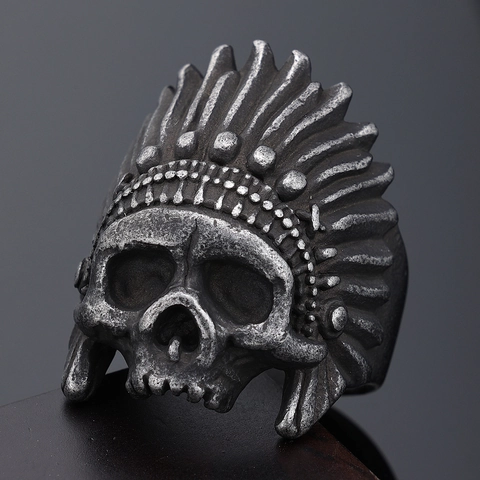 Bague Crâne En Acier Inoxydable Vintage Avec Coiffe Indienne Style Gothique Biker Punk Pour Hommes Bijoux Halloween