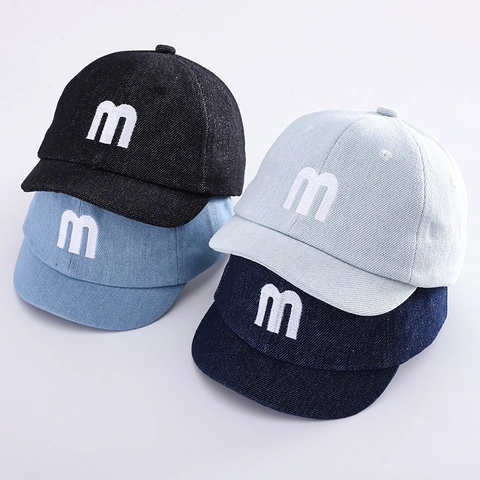 Kids Denim Baseball Cap Letter M Embroidery Short Brim Adjustable Cotton Toddler Sunshade Hat Soft Top Streetwear