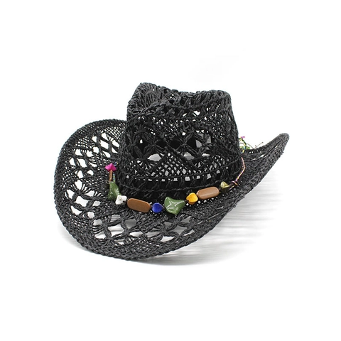 Retro Stro Cowboyhoed Ademend Papier Zonwering Strand Vakantie Met Gekleurde Stenen Kralen Boheemse Stijl Voor Dames Heren