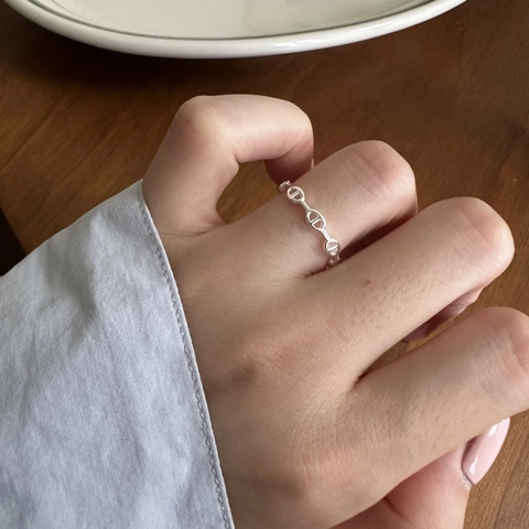 925 Sterling Silver Pig Nose Adjustable Open Ring For Women Minimalist Personalized Hollow Anchor Chain Finger Jewelry