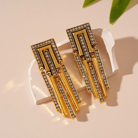 Pendientes Colgantes De Borla GeomÉtrica Vintage AleaciÓn Diamantes De ImitaciÓn Con Poste De Plata Art Deco Color Oro JoyerÍa Mujer