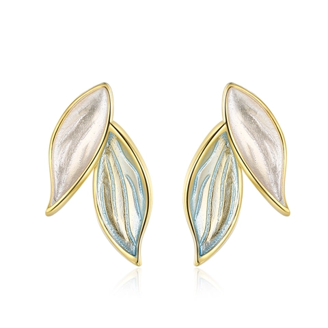 S925 Sterling Silver Post Blue Leaf Drip Enamel Stud Earrings For Women Sweet Small Fresh Gold Copper Plant Ear Jewelry