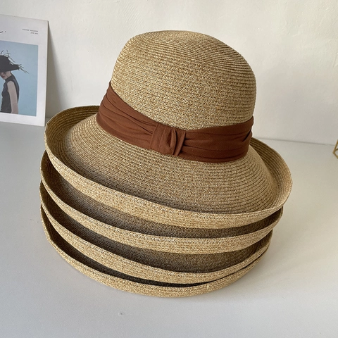 Elegant Women Wide Brim Sun Hat Foldable Paper Straw Summer Beach Vacation Travel With Pleated Ribbon Bow Decor