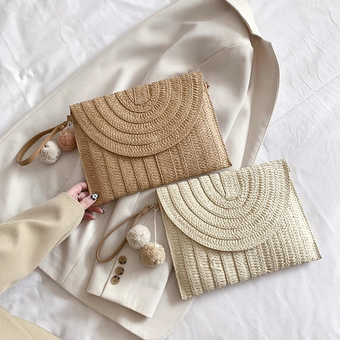Handmade Woven Straw Crossbody Bag Summer Beach Bohemian Envelope Clutch With Pom Pom Charm Adjustable Strap