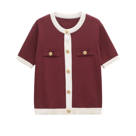 Elegant Women Short Sleeve Knit Cardigan Polyester Contrast Trim Crew Neck Vintage Button Down Sweater Top