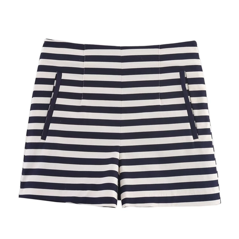 Women High Waisted Shorts Casual Office Style Polyester Side Zipper Pockets Striped Solid Color