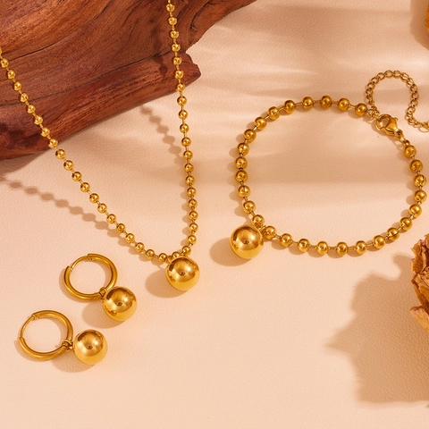 Collana Bracciale Orecchini Acciaio Inossidabile Dorato Catena Palline Ciondolo Sfera Elegante Moda Donna