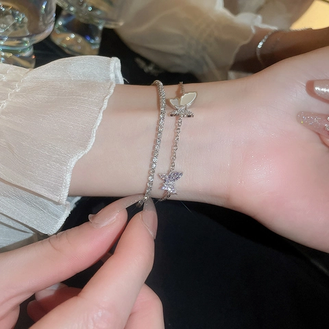 Bracciale Con Ciondolo A Farfalla A Doppio Strato Lega Zircone Conchiglia Intarsiata Elegante Accessorio Gioielli Da Donna