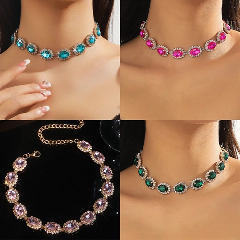 Collana Choker in Lega di Strass Vintage Lussuosa per Donna Collana con Pendente in Cristallo Ovale Colorato per Gioielli da Festa di Matrimonio