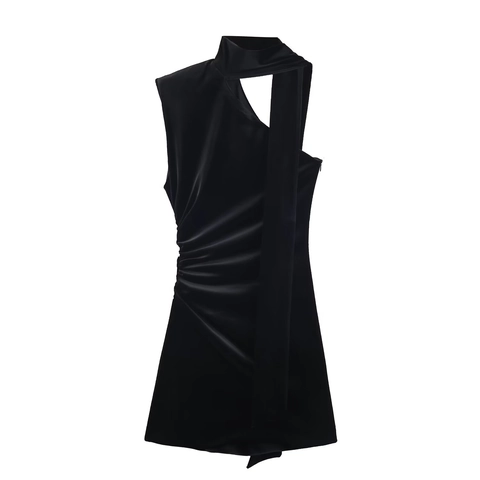 Samt Ärmelloses Minikleid Schalhals Seitlich Gerafft Unregelmäßiger Ausschnitt Slim Fit Party Clubwear Abend Sexy Schwarz