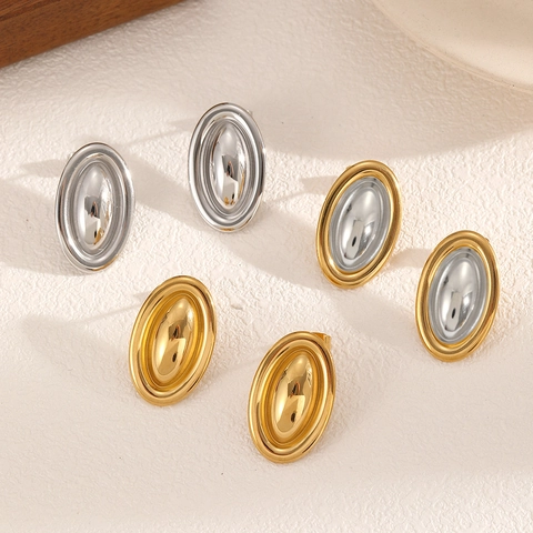 Geometrische Ovalen Roestvrijstalen Knopoorbellen 18K Verguld Gelaagd Spiegelgepolijst Minimalistische Sieraden Voor Dames