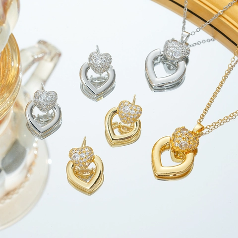 Collana con Ciondolo a Cuore in Acciaio al Titanio Set di Gioielli in Strass Con Perno in Argento Sterling 925 per Donna