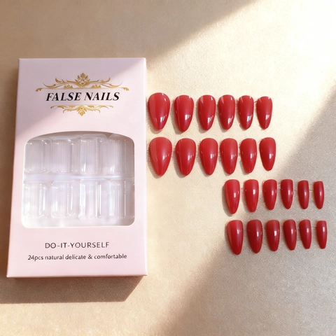 Ongles À Presser Rouges Brillants Forme Amande Longue Faux Ongles En Plastique ABS Avec Colle Gel Pour Femmes Manucure Mode