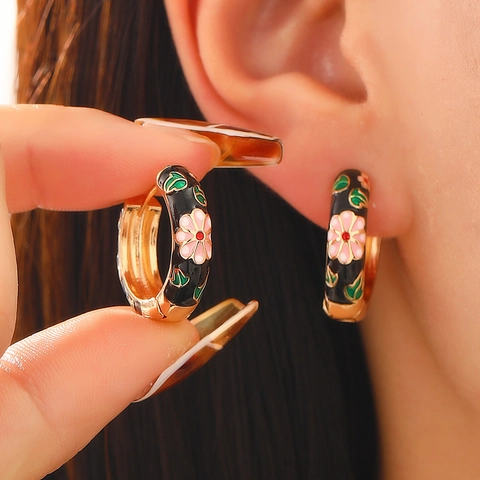 Retro Chinese Style Copper Flower Enamel Hoop Earrings For Women Gold Plated Floral Drip Oil Jewelry Gift Multicolor Earring