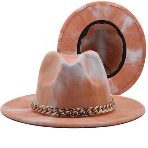 Sombrero Fedora Tie-Dye Con Cadena De Metal Dorado Sombrero De Jazz De Fieltro Vintage Color Contraste Doble Cara Unisex