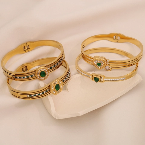 Bracciale Rigido In Acciaio Inossidabile Placcato Oro Vintage Vetro Verde Smeraldo Intarsiato Gioielli Geometrici Donna