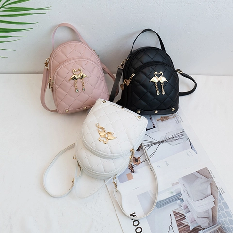 Women Mini Backpack Quilted PU Leather Small Shoulder Bag Gold Swan Charm Fashion Casual Travel Pouch