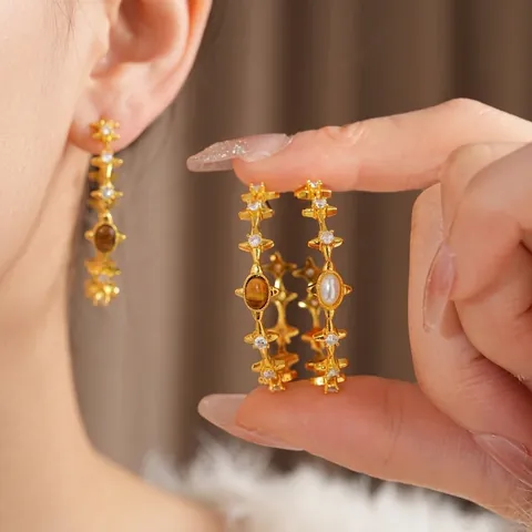 Orecchini A Cerchio Vintage Placcati Oro Con Occhio Di Tigre Perla Artificial E Zirconi Stella Con Silver Earring Post