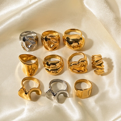 Anelli Spessi in Acciaio Inossidabile Minimalista in Stile Ins per Donna Placcati in Oro 18 carati Geometrici a Cuore con Texture Lava Gioielli