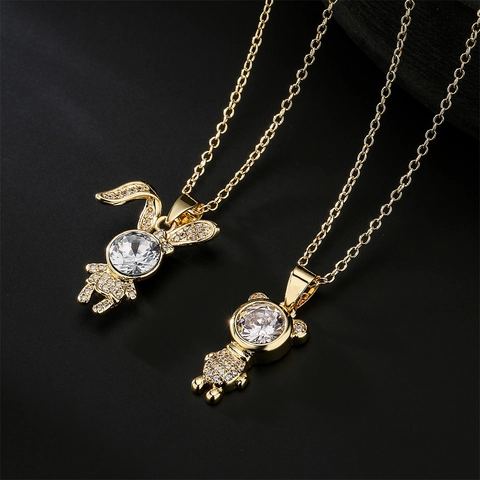 Collana Con Ciondolo In Rame Zircone Placcato Oro 18K Simpatico Orso Coniglio Animale Gioielli Lucidi Da Donna