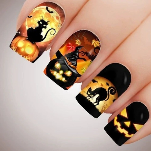 Halloween Press On Nails Short Square Fake Nails With Pumpkin Black Cat Bat Design Resin For Women DIY Manicure