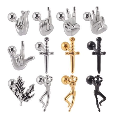 Stainless Steel Hand Gesture Sword Leaf Body Stud Earrings Cartilage Piercing Heart OK Victory Finger Earring Jewelry