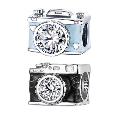 Camera Charm Bead 925 Sterling Silver Shiny Cubic Zirconia Enamel DIY Jewelry Accessories For Bracelet Necklace