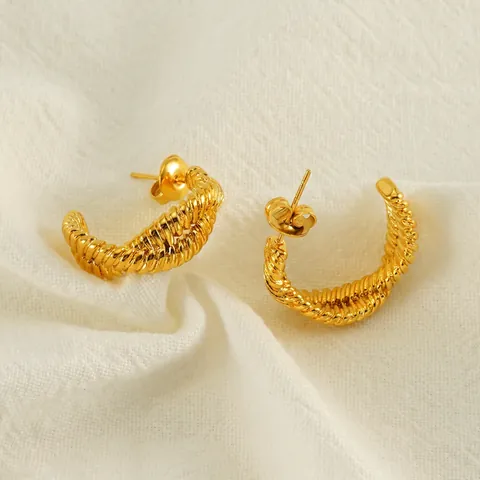 Irregular U Shaped Hoop Earrings 18K Gold Plated Stainless Steel Twisted Rope Texture Retro Elegant Jewelry For Women