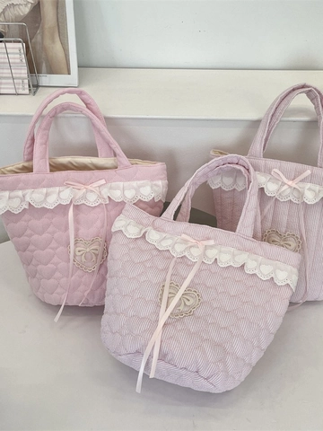 Sac Fourre-Tout Matelassé Coeur Brodé Bordure En Dentelle Nœud En Ruban Rayé Sac À Main Style Ballet Pour Femmes