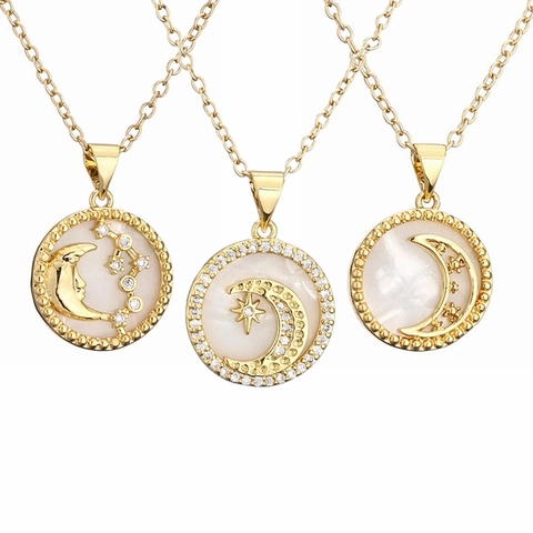 Round Pendant Necklace Copper Micro Pave Zircon Mother Of Artificial Pearl Moon Star Celestial Gold Plated Jewelry Women