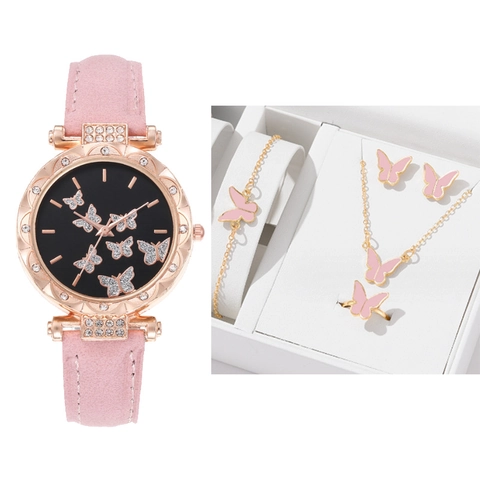 Damen Quarzuhr Lederarmband Strass Schmetterling Zifferblatt Lässige Armbanduhr Modisches Armband Schmuck Set Geschenk