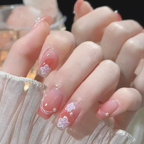 Cherry Blossom Pink Gradient Press On Nails Artificial Pearl Decor White Lines Sweet Floral Square Short Fake Nails For Women