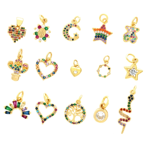Ciondoli In Rame Placcato Oro 18K Cuore Luna Serpente Orso Stella Forma Zircone Colorato Per Creazione Gioielli DIY Accessori