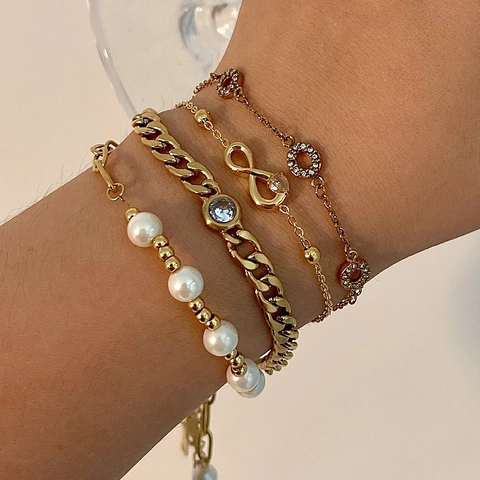 18K Vergoldetes Edelstahl Armband Für Damen Mit Unendlichkeitssymbol Panzerkette Kunstperle Zirkonia Schmuck