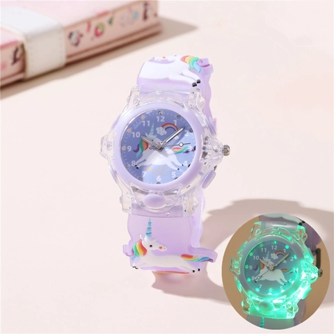 Kinder Quarz Uhr Leuchtende LED Hintergrundbeleuchtung 3D Cartoon Einhorn Regenbogen Silikonarmband Analoganzeige Geschenk