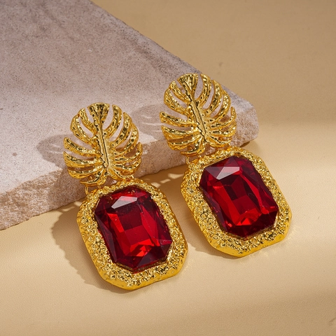Orecchini Pendenti Con Foglia Di Monstera Vintage Donna Gioielli In Lega Di Cristallo Rosso Geometrico Con Perno In Argento